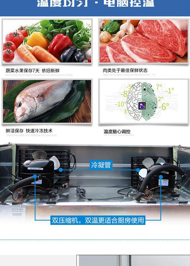 广绅四门六门冷柜双温冷藏 商用冰柜厨房柜立式冰箱 上冷冻下冷藏