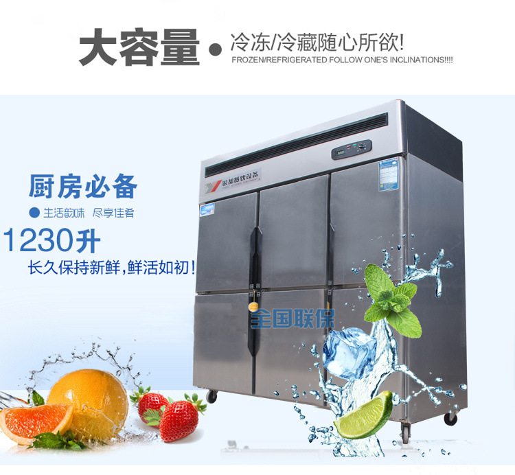 银都餐饮 铜管六门双机单温厨房冰柜6门商用立式冰箱冷藏冷冻柜