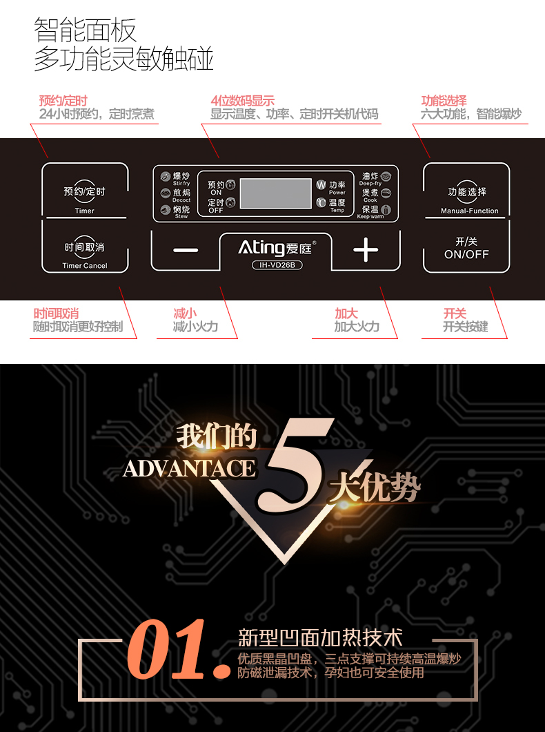 Ating/爱庭 IH-VD26B嵌入式大功率凹面电磁炉2600W爆炒家用正品