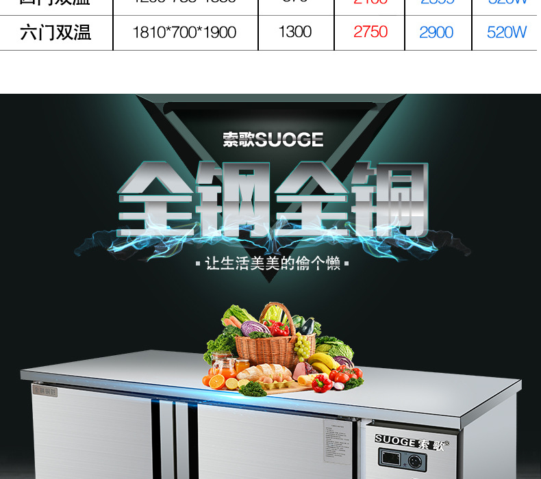 1.2米/1.5米/1.8米冷藏冷冻工作台保鲜工作台卧式平冷操作台